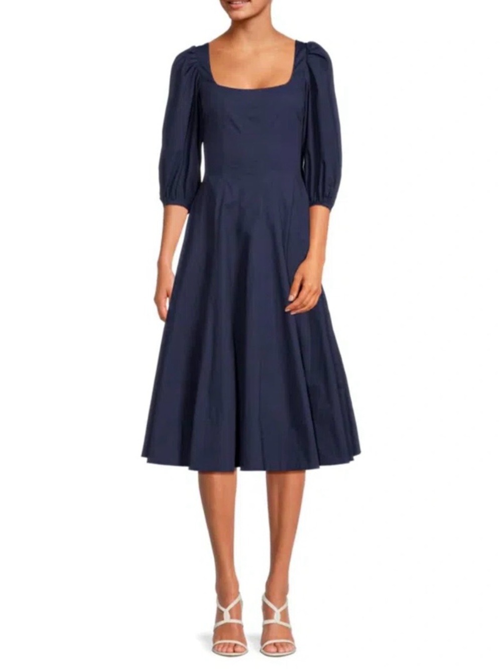 STAUD Navy Square-Neck Midi Dress with Three-Quarter Puff Sleeves